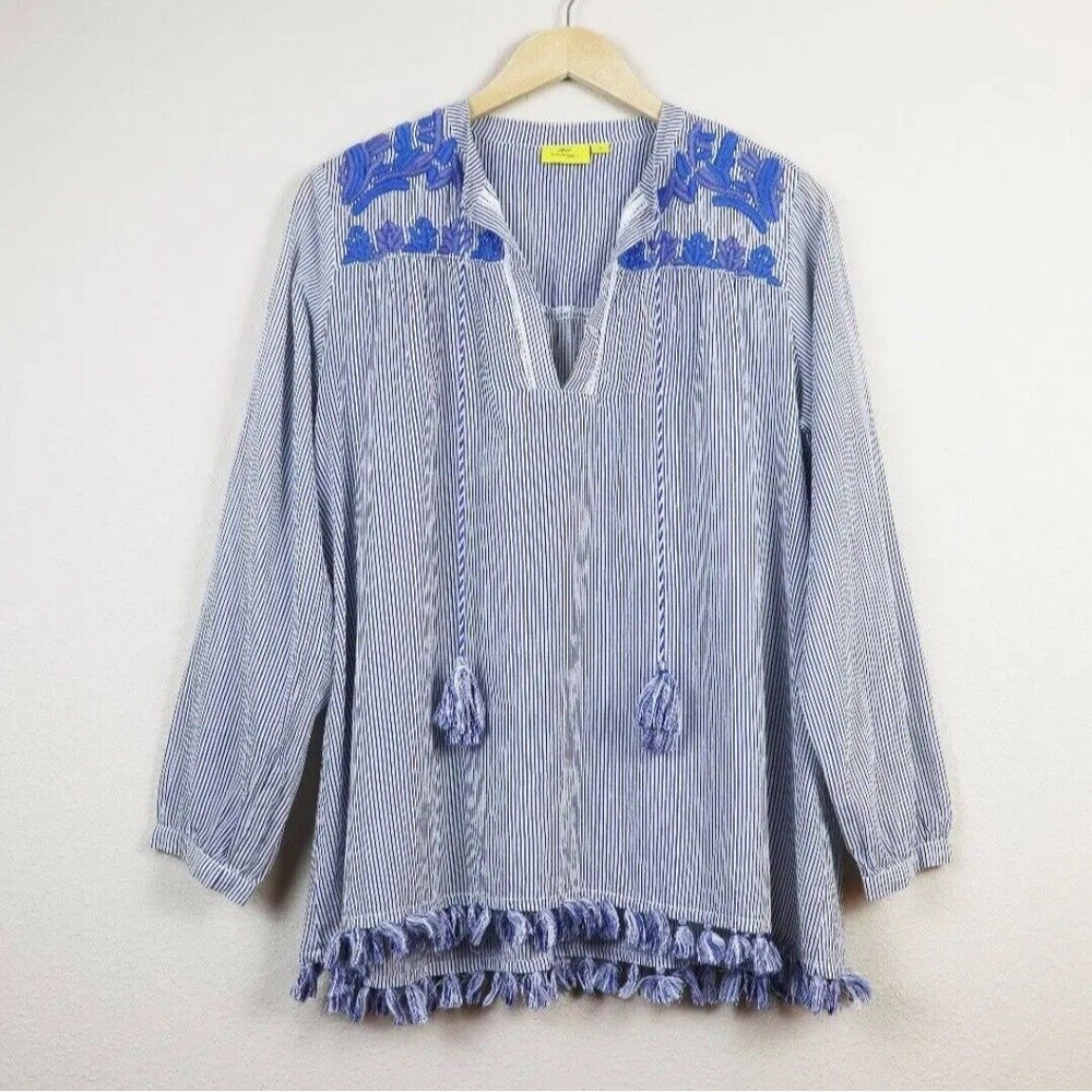 Sz S Roller rabbit Navy Pinstriped peasant top Hand‎ embroidered  100% Cotton
